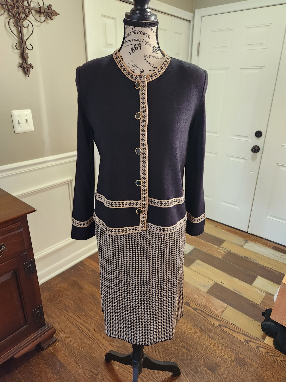 Chic Black & Cream Knit Three -Piece Set With Houndstooth Pattern